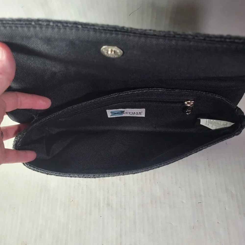 Betmar Black Woven Clutch With Magnetic Snap Closure & Interior Zipper Pocket